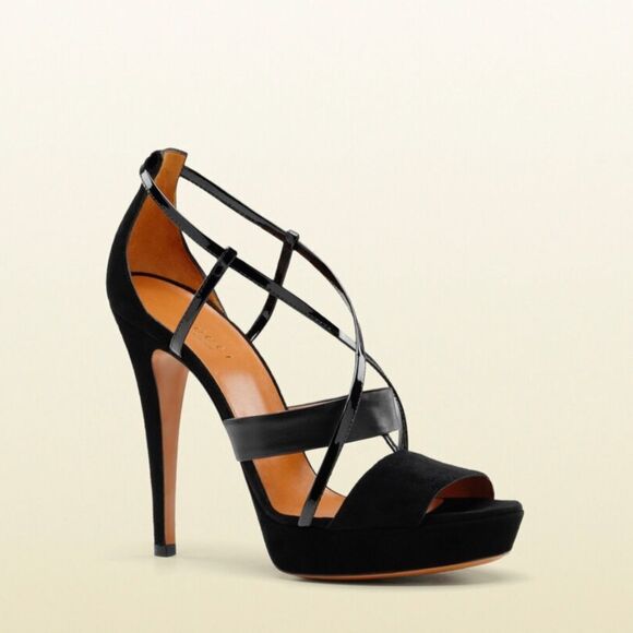 Gucci Suede Leather Trim T-Strap Stiletto Strappy Platform Sandal Black - Picture 11 of 11